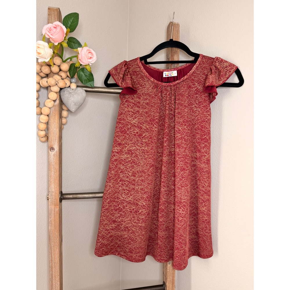 DotDotSmile Empire Dress Kids 7 Burgundy Red Gold Metallic Foil Flutter Sleeve